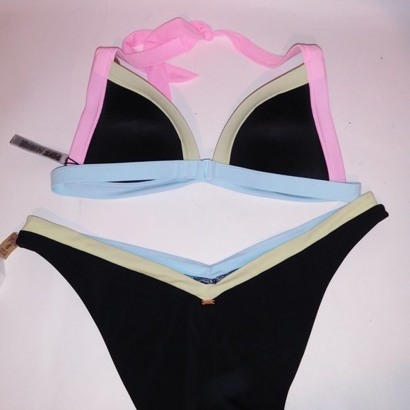 Victoria Secret PINK Swim Bikini XL Top XXL Bottom Black Pink‎ Blue Green Padded - Picture 10 of 12